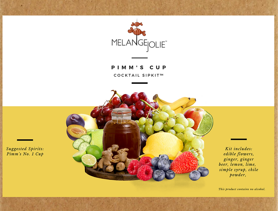 Mélange Jolie Pimm's Cup Cocktail SipKit™ with glass, bar spoon, cocktail sticks, and dehydrated fruits displayed elegantly.